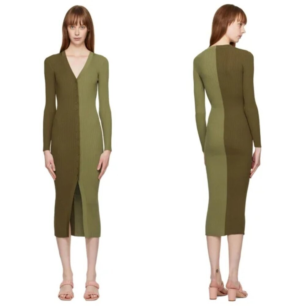 STAUD Shoko Olive & Green Ribbed Long Sleeve Knit Sweater Midi Dress S - Picture 4 of 8